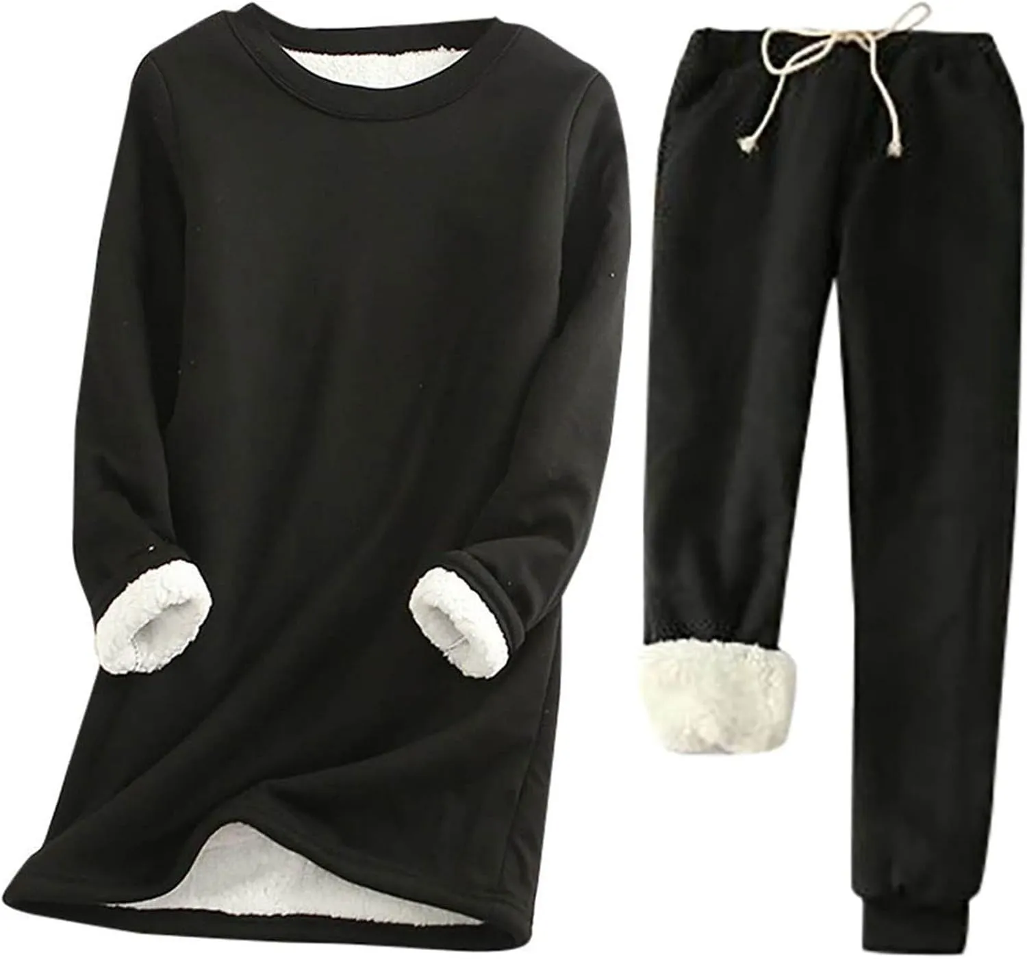hlysgo 2 Piece Lounge Set Women Casual Loose Fit Long Sleeve Sherpa Fleece Lined Pullover Tops and Pants Winter Warm Set
