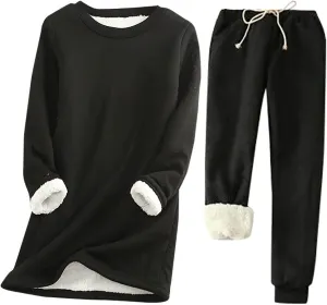 hlysgo 2 Piece Lounge Set Women Casual Loose Fit Long Sleeve Sherpa Fleece Lined Pullover Tops and Pants Winter Warm Set