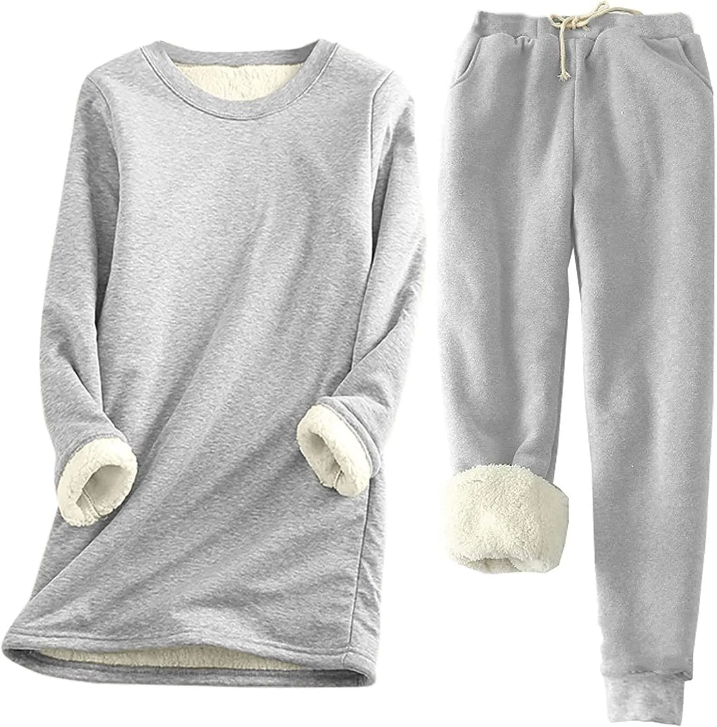 hlysgo 2 Piece Lounge Set Women Casual Loose Fit Long Sleeve Sherpa Fleece Lined Pullover Tops and Pants Winter Warm Set