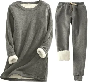 hlysgo 2 Piece Lounge Set Women Casual Loose Fit Long Sleeve Sherpa Fleece Lined Pullover Tops and Pants Winter Warm Set