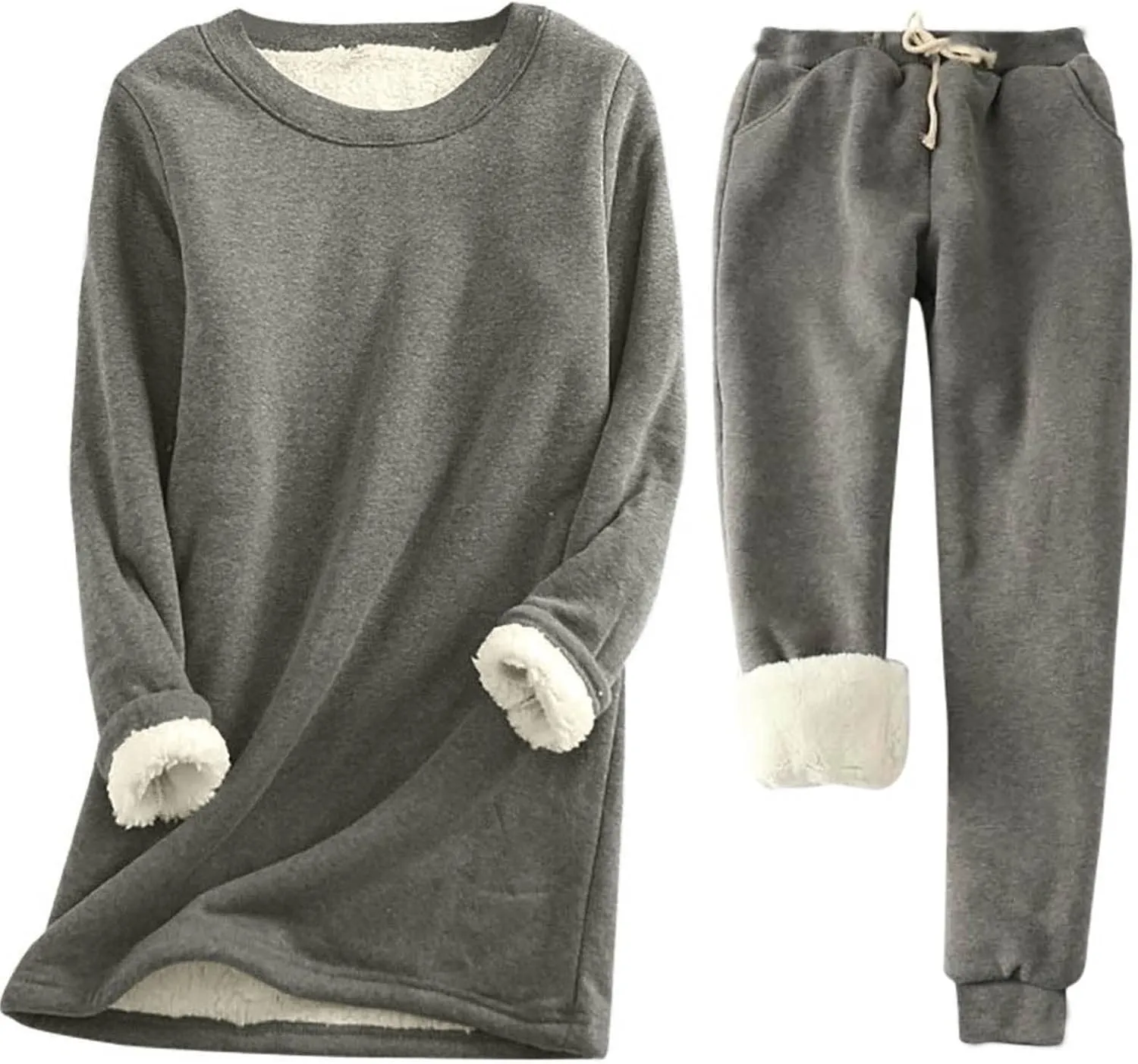 hlysgo 2 Piece Lounge Set Women Casual Loose Fit Long Sleeve Sherpa Fleece Lined Pullover Tops and Pants Winter Warm Set