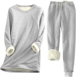 hlysgo 2 Piece Lounge Set Women Casual Loose Fit Long Sleeve Sherpa Fleece Lined Pullover Tops and Pants Winter Warm Set