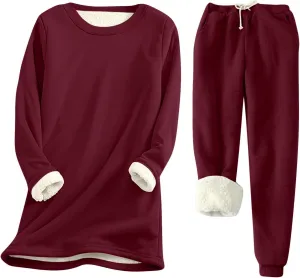 hlysgo 2 Piece Lounge Set Women Casual Loose Fit Long Sleeve Sherpa Fleece Lined Pullover Tops and Pants Winter Warm Set