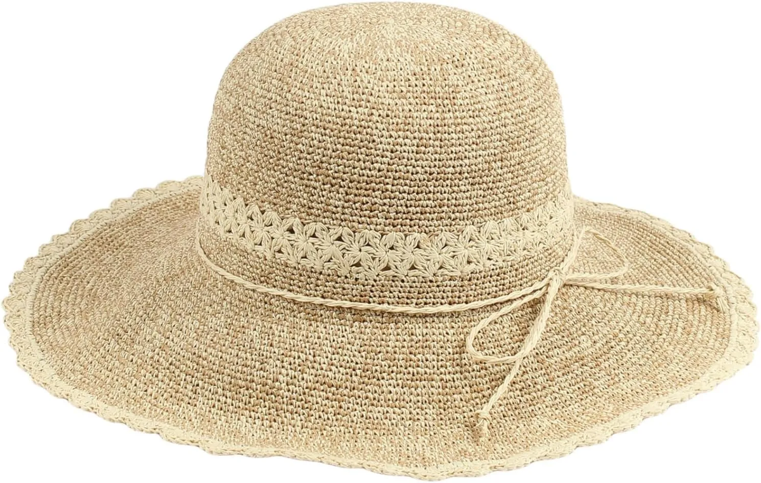 Jeanne Simmons Accessories, Womens, Scallop Design, 4 Inch Brim, Tan, One Size Fits Most, Fine Paper Crochet, Fashionable Sun Hat