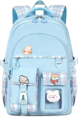 Kids Backpack for Girls Teens, Kawaii Backpack for School, Cute Bookbag for Primary Elementary with Accessories, Blue