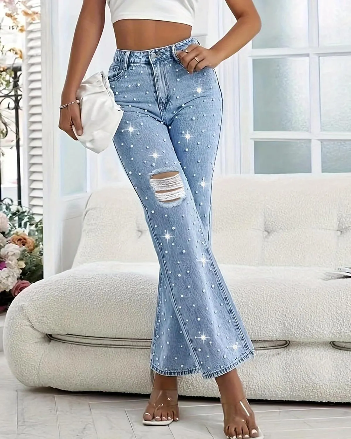 LifeShe Women Pearl Jeans Ripped Distressed Denim Pants High Waist Trousers
