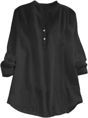 Linen Gauze Shirts Women 2025 Summer Long Sleeve Button Down Vneck Casual Tee Lightweight Vacation Going Out Blouses
