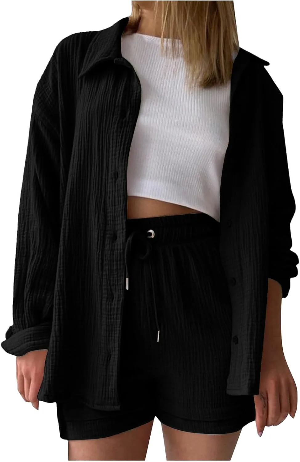 Linen Sets for Women 2 Piece Button Down Long Sleeve Shirts and Drawstring Shorts Set Matching Summer Lounge Sets