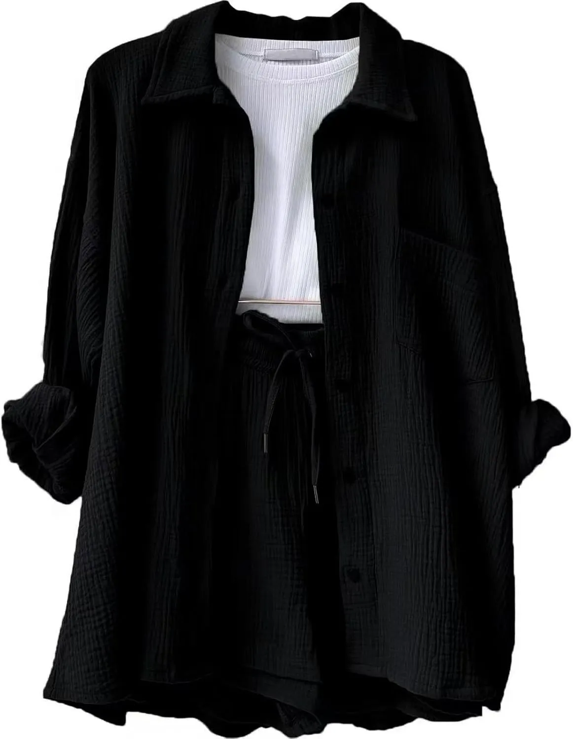 Linen Sets for Women 2 Piece Button Down Long Sleeve Shirts and Drawstring Shorts Set Matching Summer Lounge Sets