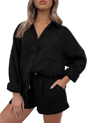 Linen Sets for Women 2 Piece Button Down Long Sleeve Shirts and Drawstring Shorts Set Matching Summer Lounge Sets