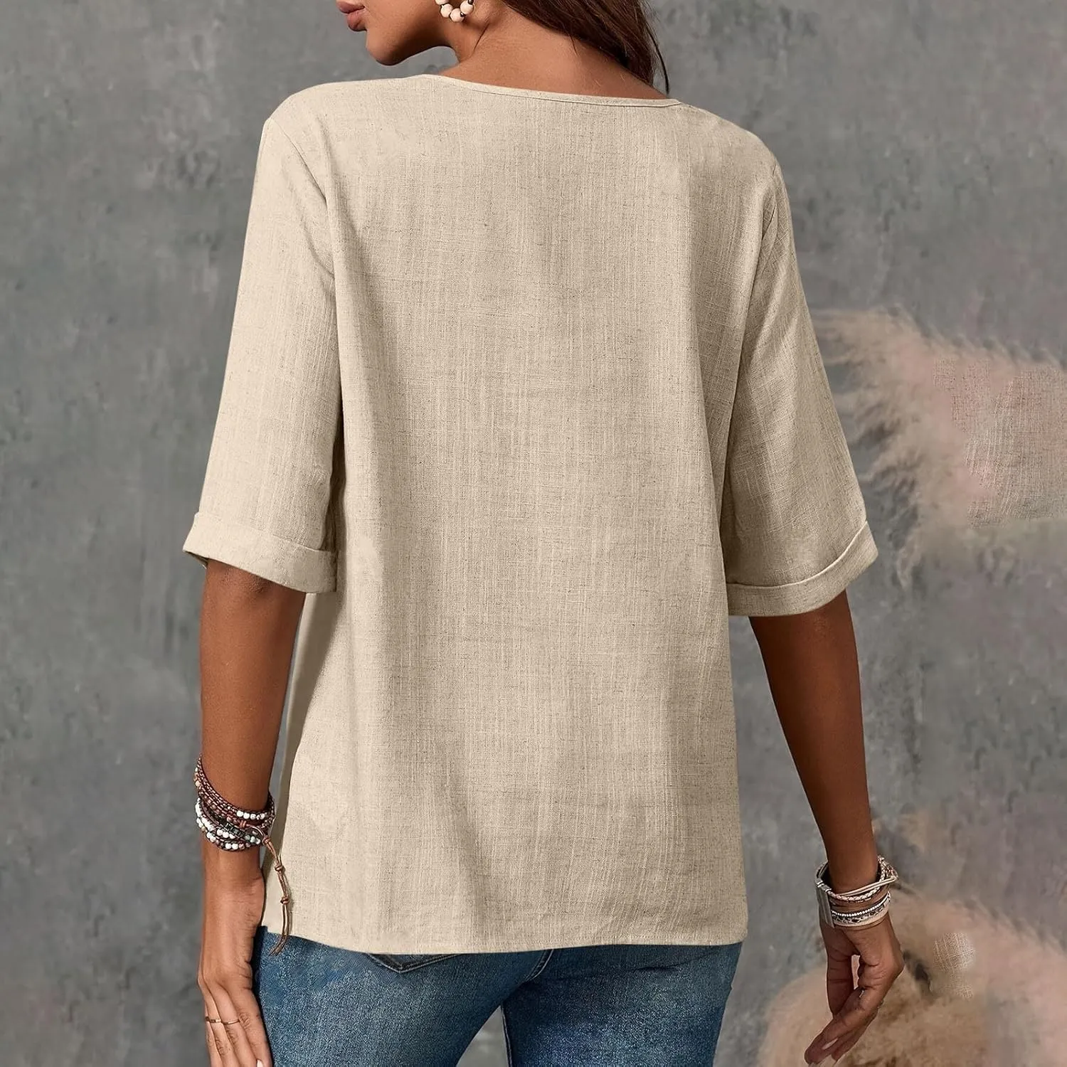 Linen Shirts for Women 2025 Short Sleeve Crewneck Tops Casual Loose Fit Blouses Trendy Summer Button T-Shirt