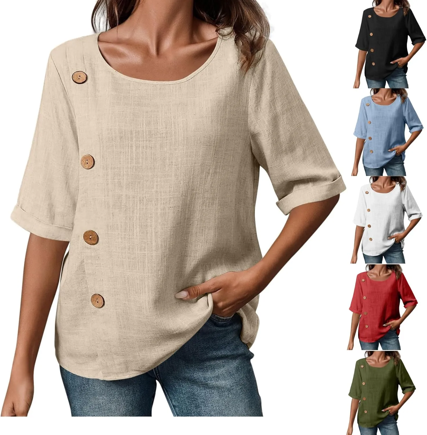 Linen Shirts for Women 2025 Short Sleeve Crewneck Tops Casual Loose Fit Blouses Trendy Summer Button T-Shirt