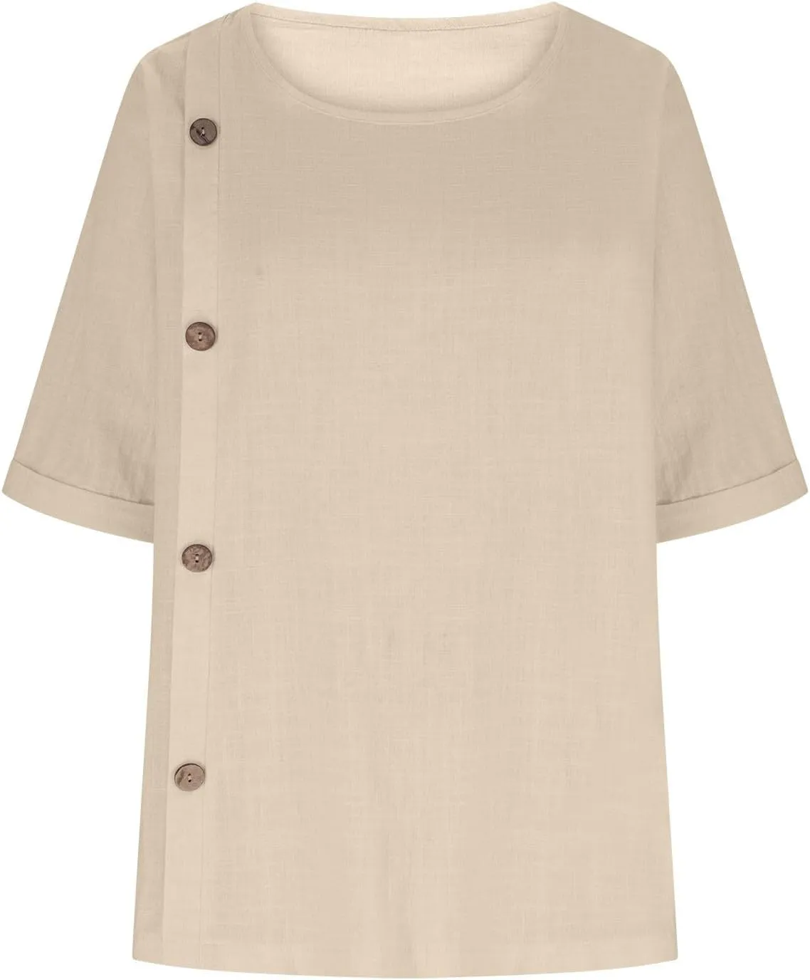 Linen Shirts for Women 2025 Short Sleeve Crewneck Tops Casual Loose Fit Blouses Trendy Summer Button T-Shirt