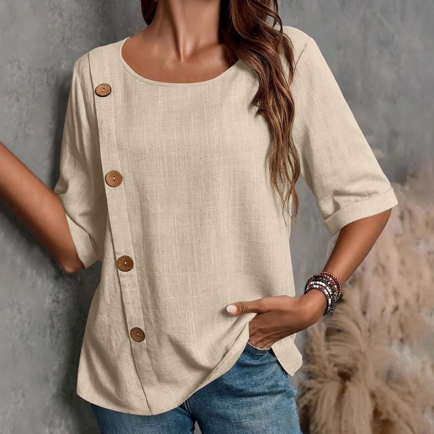 Linen Shirts for Women 2025 Short Sleeve Crewneck Tops Casual Loose Fit Blouses Trendy Summer Button T-Shirt
