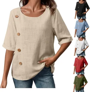 Linen Shirts for Women 2025 Short Sleeve Crewneck Tops Casual Loose Fit Blouses Trendy Summer Button T-Shirt
