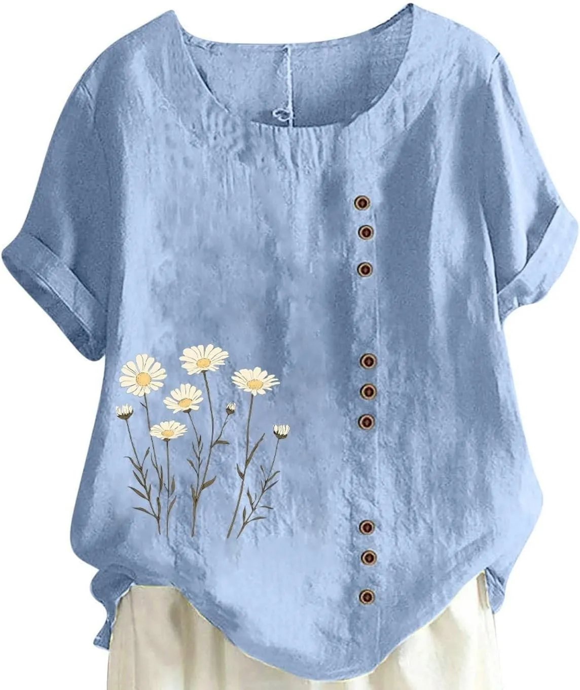 Linen Shirts for Women 2025 Trendy Crewneck Short Sleeve Flower Printed Tees Blouse Summer Lightweight Beach Tee Tops