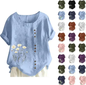 Linen Shirts for Women 2025 Trendy Crewneck Short Sleeve Flower Printed Tees Blouse Summer Lightweight Beach Tee Tops
