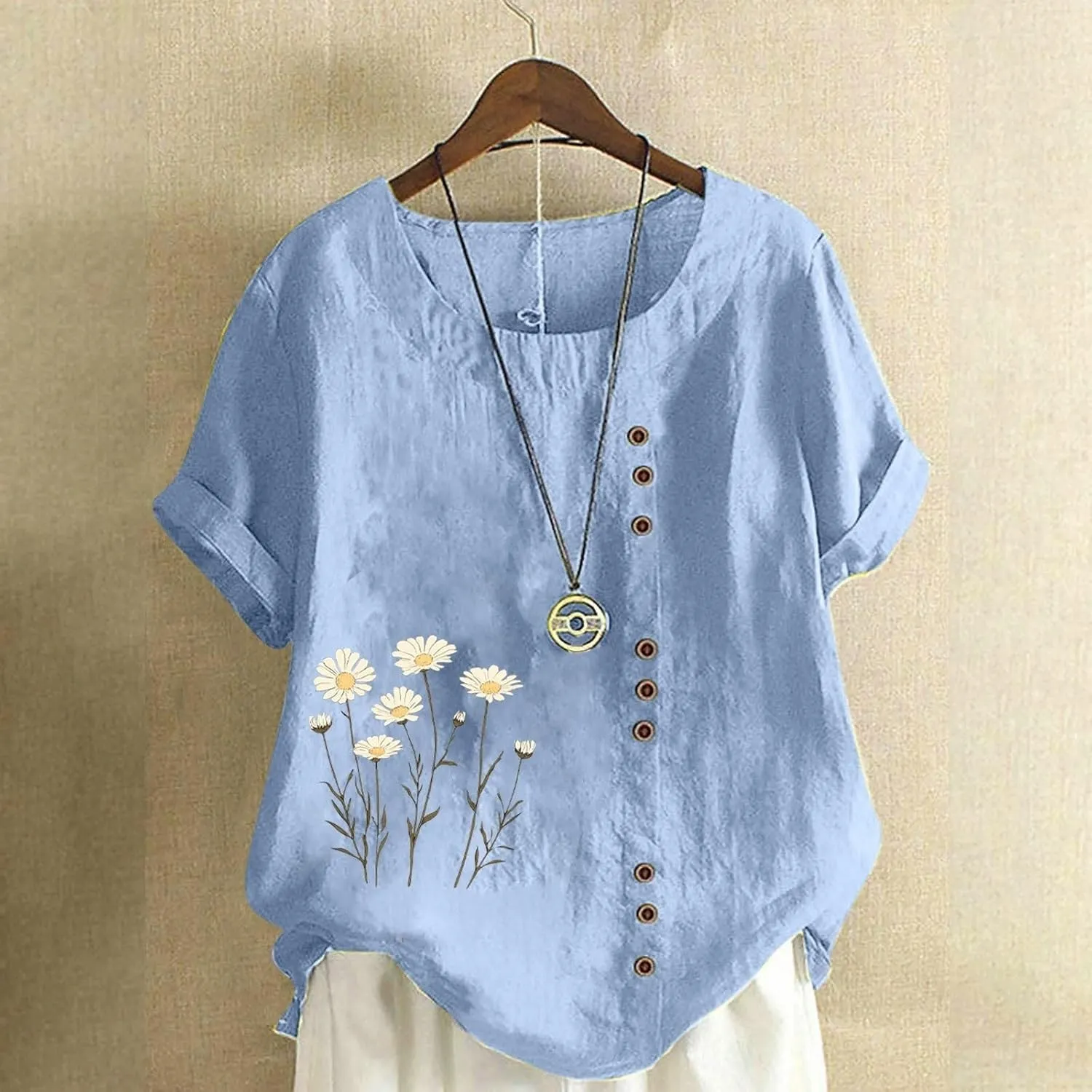 Linen Shirts for Women 2025 Trendy Crewneck Short Sleeve Flower Printed Tees Blouse Summer Lightweight Beach Tee Tops