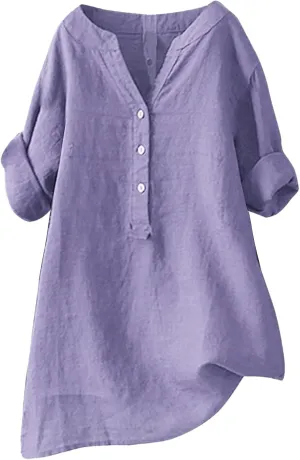 Linen Shirts for Women Short Sleeve V Neck Summer Beach Tops Casual Loose Fit Boho Tshirts with Buttons & Pockets
