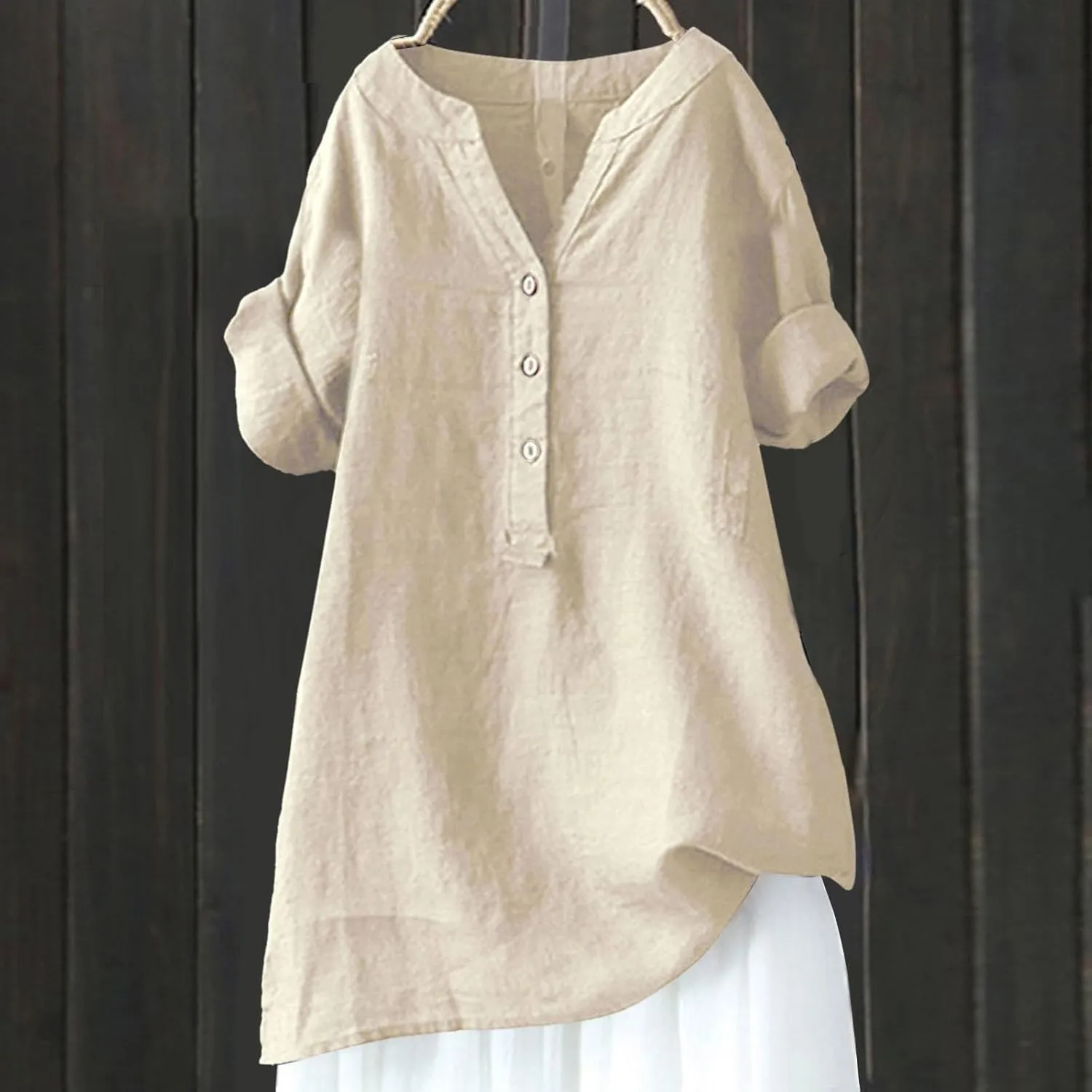 Linen Shirts for Women Short Sleeve V Neck Summer Beach Tops Casual Loose Fit Boho Tshirts with Buttons & Pockets