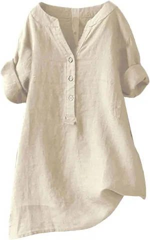 Linen Shirts for Women Short Sleeve V Neck Summer Beach Tops Casual Loose Fit Boho Tshirts with Buttons & Pockets