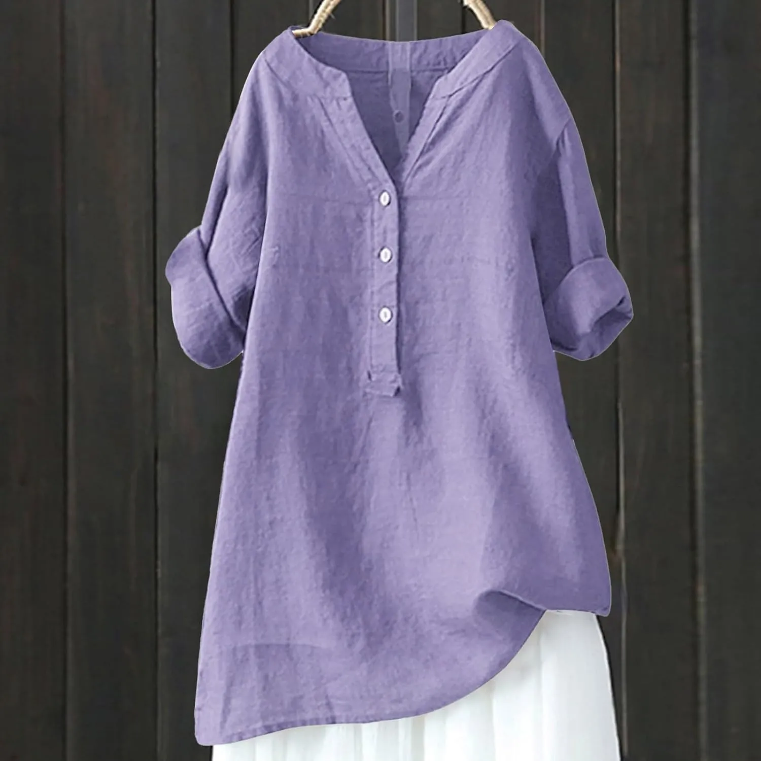 Linen Shirts for Women Short Sleeve V Neck Summer Beach Tops Casual Loose Fit Boho Tshirts with Buttons & Pockets