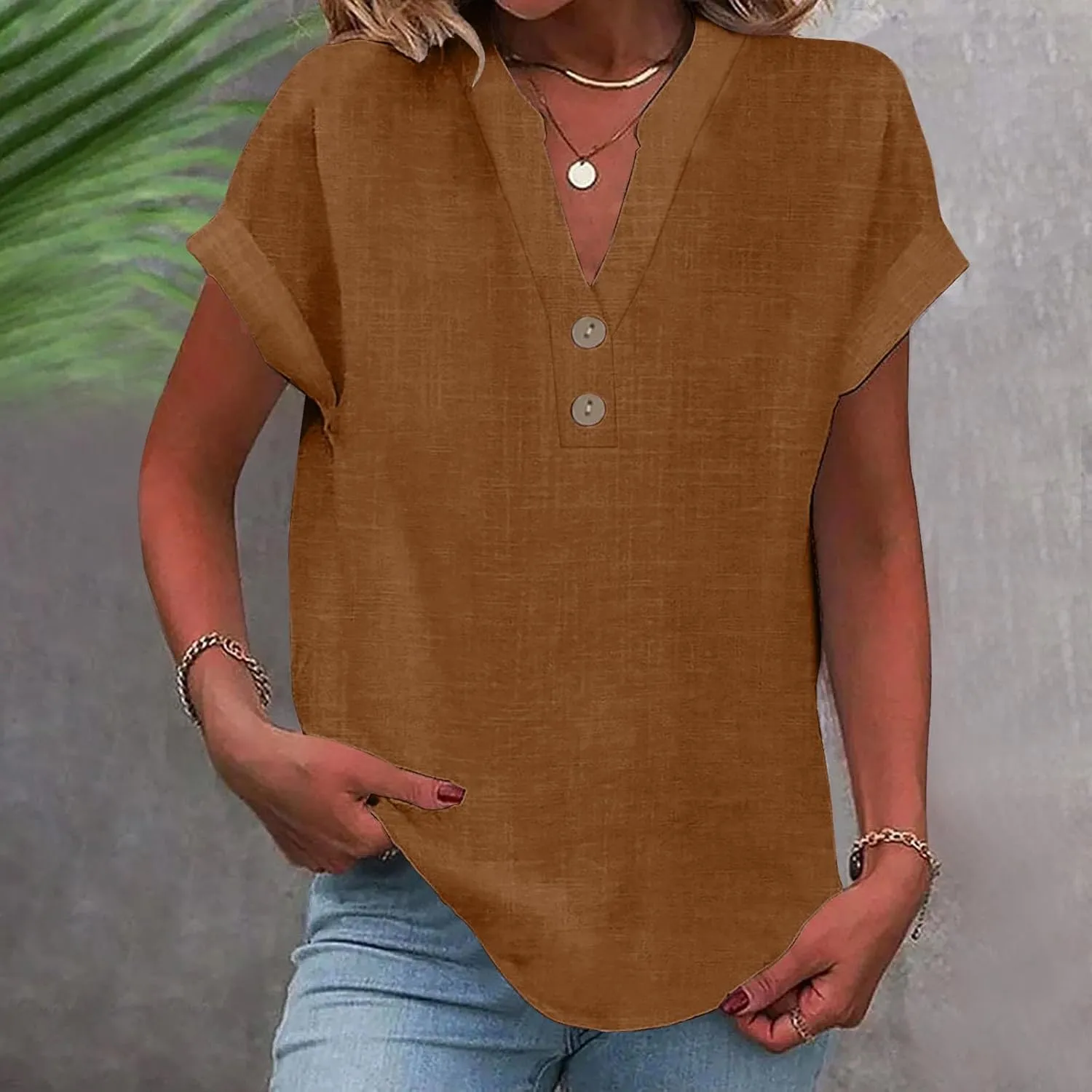 Linen Shirts for Women Summer Short Sleeve Linen Tops V Neck Button Down Shirts Plus Size Tops Dressy Shirt Blouses