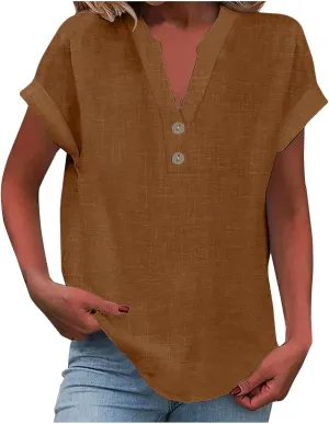 Linen Shirts for Women Summer Short Sleeve Linen Tops V Neck Button Down Shirts Plus Size Tops Dressy Shirt Blouses