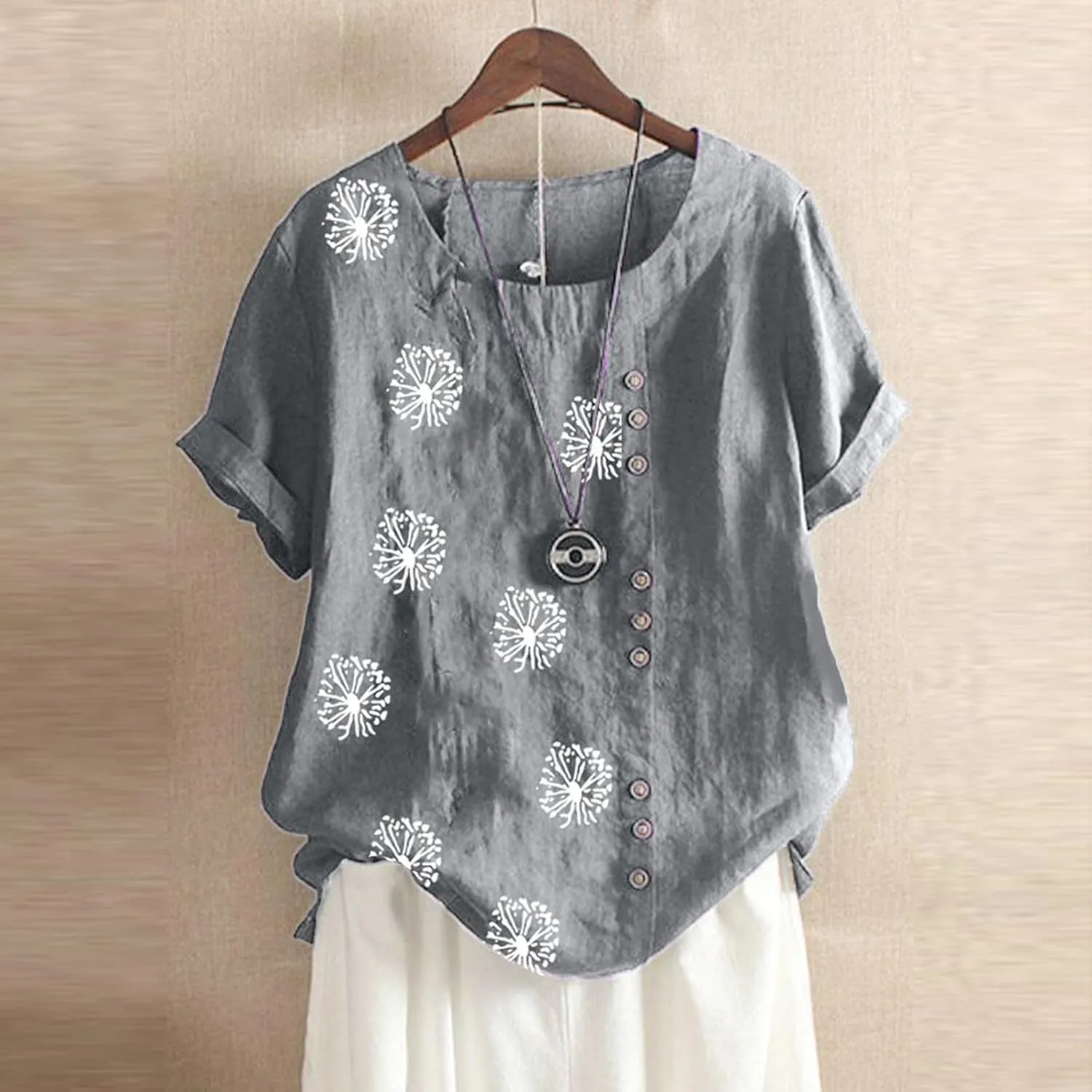 Linen Tops for Women Cute Floral Printed Shirts Crew Neck Short Sleeve Casual Loose Trendy Tee 2024 Summer Dressy Tee