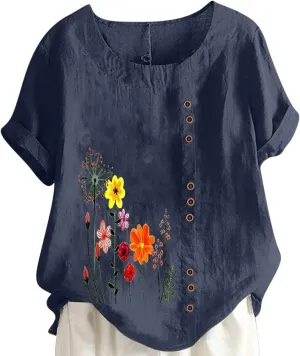 Linen Tops for Women Cute Floral Printed Shirts Crew Neck Short Sleeve Casual Loose Trendy Tee 2024 Summer Dressy Tee
