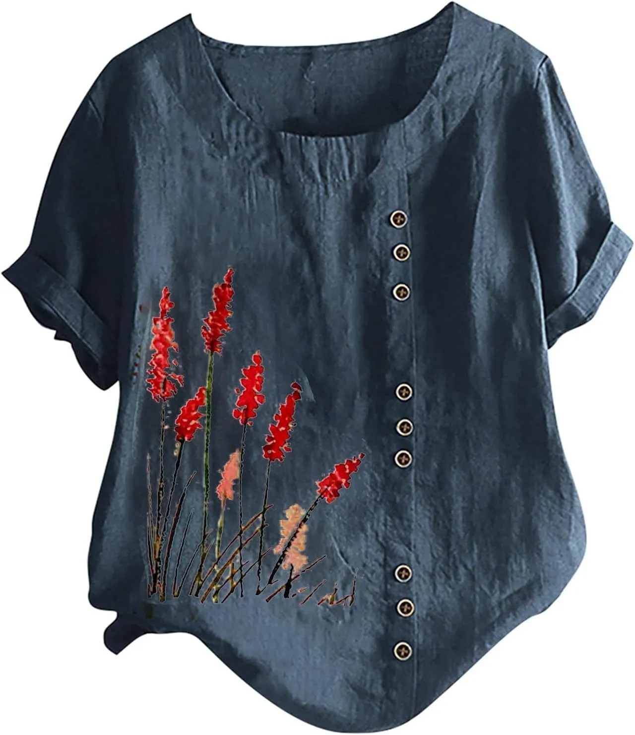 Linen Tops for Women Cute Floral Printed Shirts Crew Neck Short Sleeve Casual Loose Trendy Tee 2024 Summer Dressy Tee