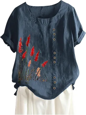 Linen Tops for Women Cute Floral Printed Shirts Crew Neck Short Sleeve Casual Loose Trendy Tee 2024 Summer Dressy Tee