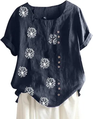 Linen Tops for Women Cute Floral Printed Shirts Crew Neck Short Sleeve Casual Loose Trendy Tee 2024 Summer Dressy Tee