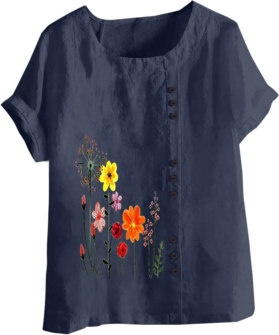 Linen Tops for Women Cute Floral Printed Shirts Crew Neck Short Sleeve Casual Loose Trendy Tee 2024 Summer Dressy Tee
