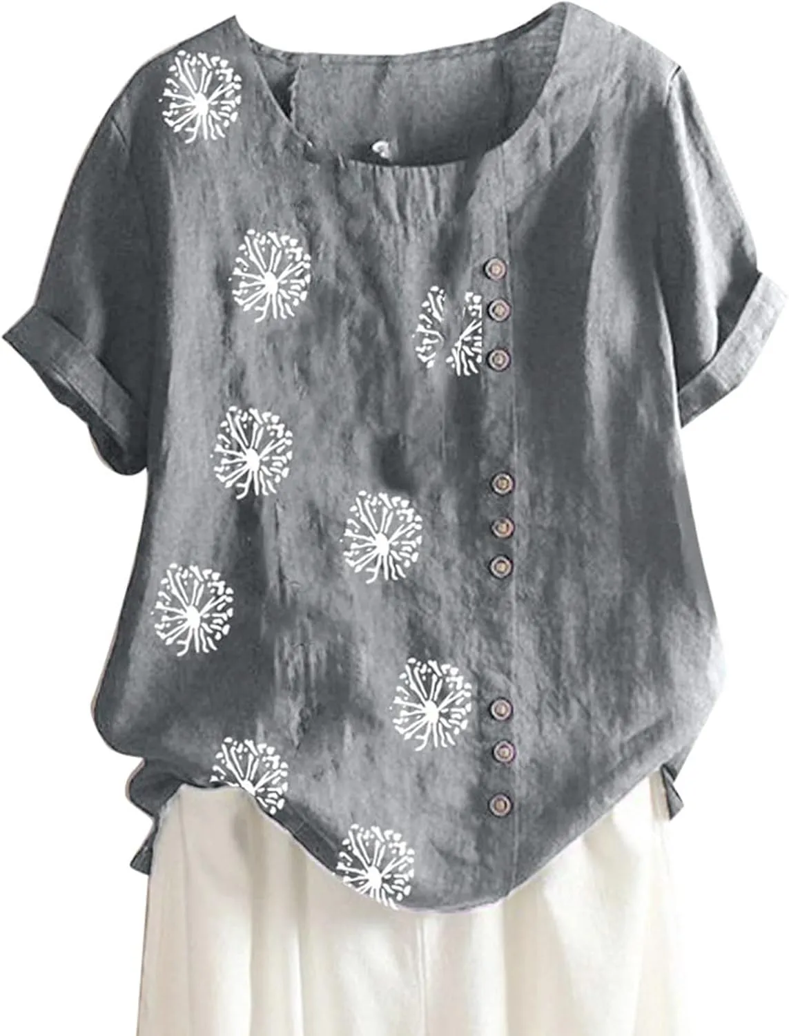 Linen Tops for Women Cute Floral Printed Shirts Crew Neck Short Sleeve Casual Loose Trendy Tee 2024 Summer Dressy Tee
