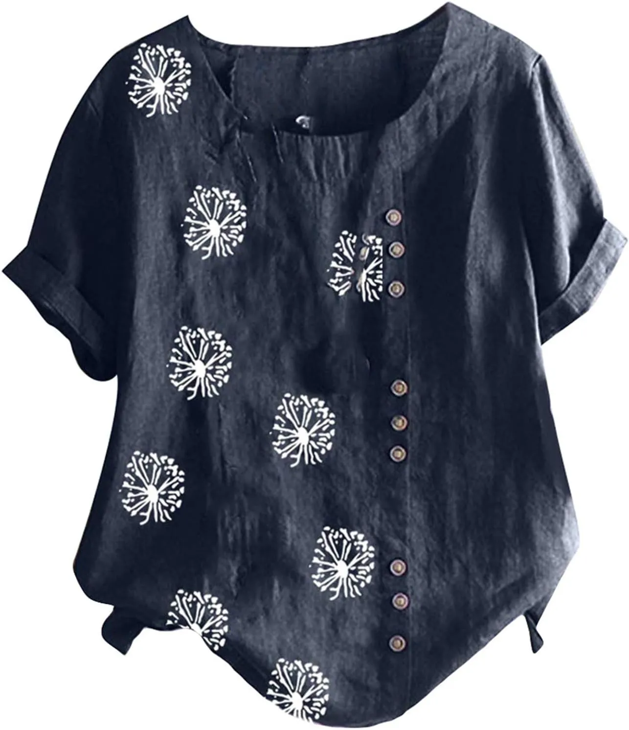Linen Tops for Women Cute Floral Printed Shirts Crew Neck Short Sleeve Casual Loose Trendy Tee 2024 Summer Dressy Tee