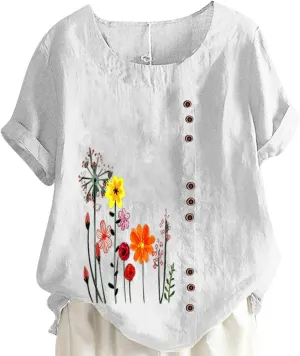 Linen Tops for Women Cute Floral Printed Shirts Crew Neck Short Sleeve Casual Loose Trendy Tee 2024 Summer Dressy Tee