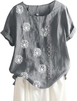 Linen Tops for Women Cute Floral Printed Shirts Crew Neck Short Sleeve Casual Loose Trendy Tee 2024 Summer Dressy Tee
