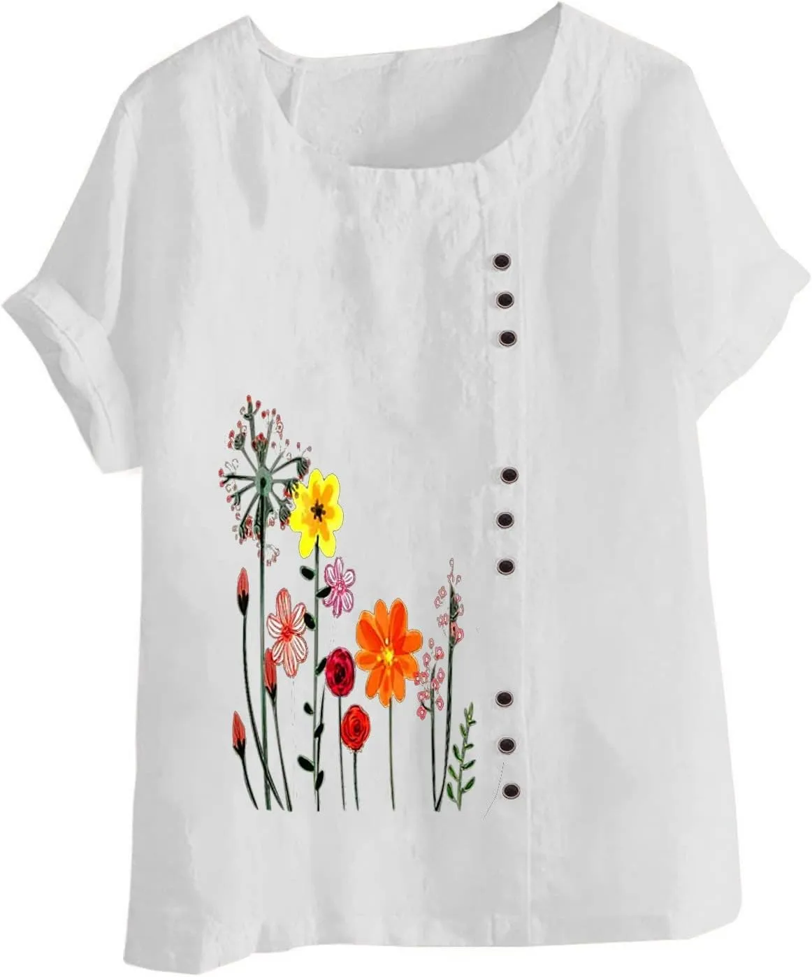 Linen Tops for Women Cute Floral Printed Shirts Crew Neck Short Sleeve Casual Loose Trendy Tee 2024 Summer Dressy Tee