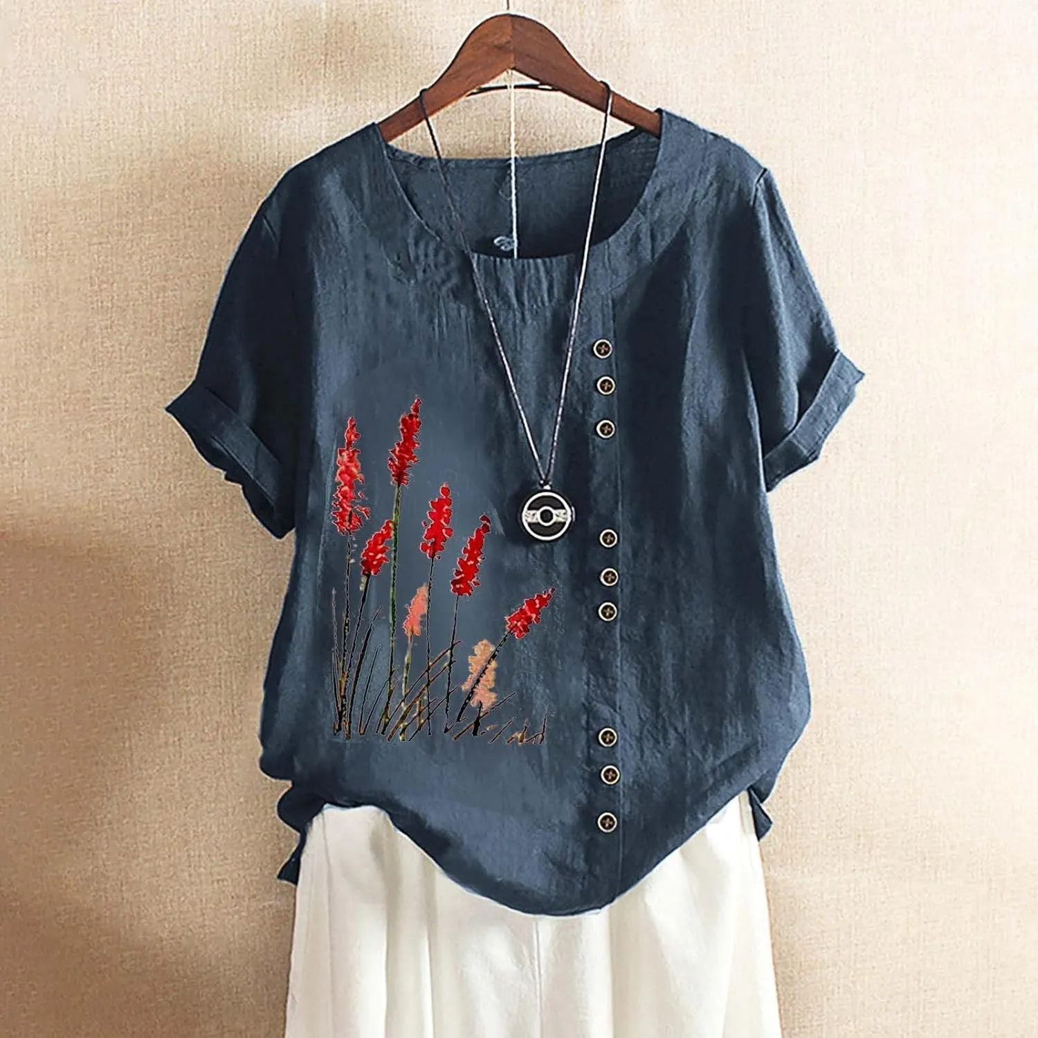 Linen Tops for Women Cute Floral Printed Shirts Crew Neck Short Sleeve Casual Loose Trendy Tee 2024 Summer Dressy Tee