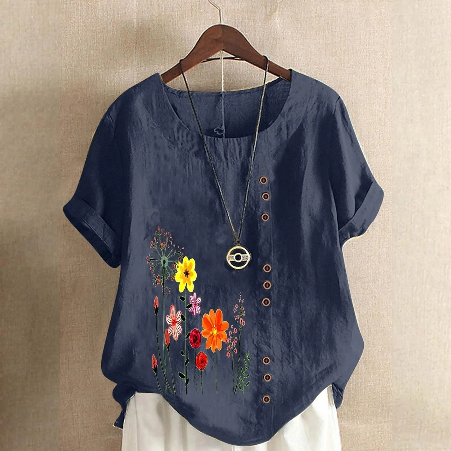 Linen Tops for Women Cute Floral Printed Shirts Crew Neck Short Sleeve Casual Loose Trendy Tee 2024 Summer Dressy Tee