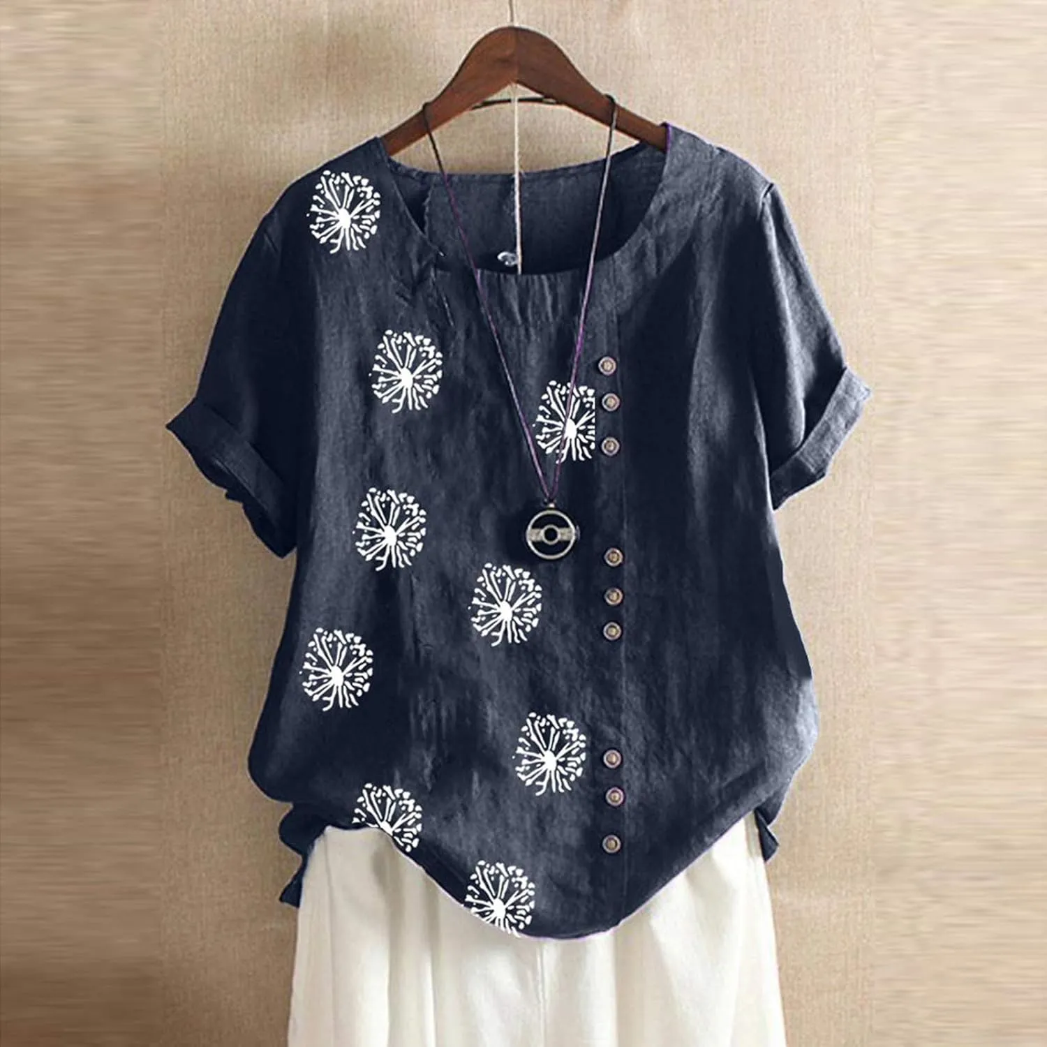 Linen Tops for Women Cute Floral Printed Shirts Crew Neck Short Sleeve Casual Loose Trendy Tee 2024 Summer Dressy Tee
