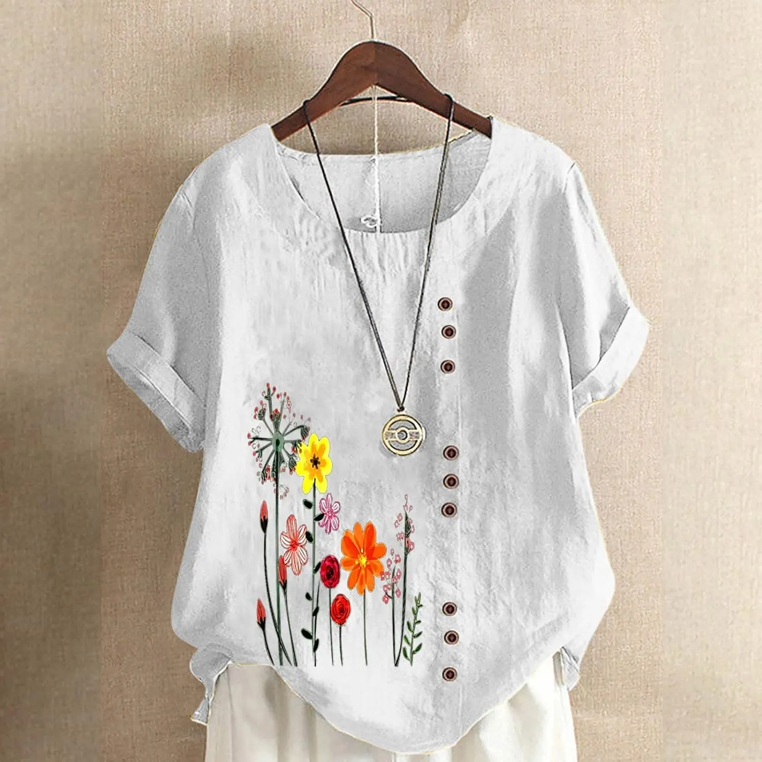 Linen Tops for Women Cute Floral Printed Shirts Crew Neck Short Sleeve Casual Loose Trendy Tee 2024 Summer Dressy Tee