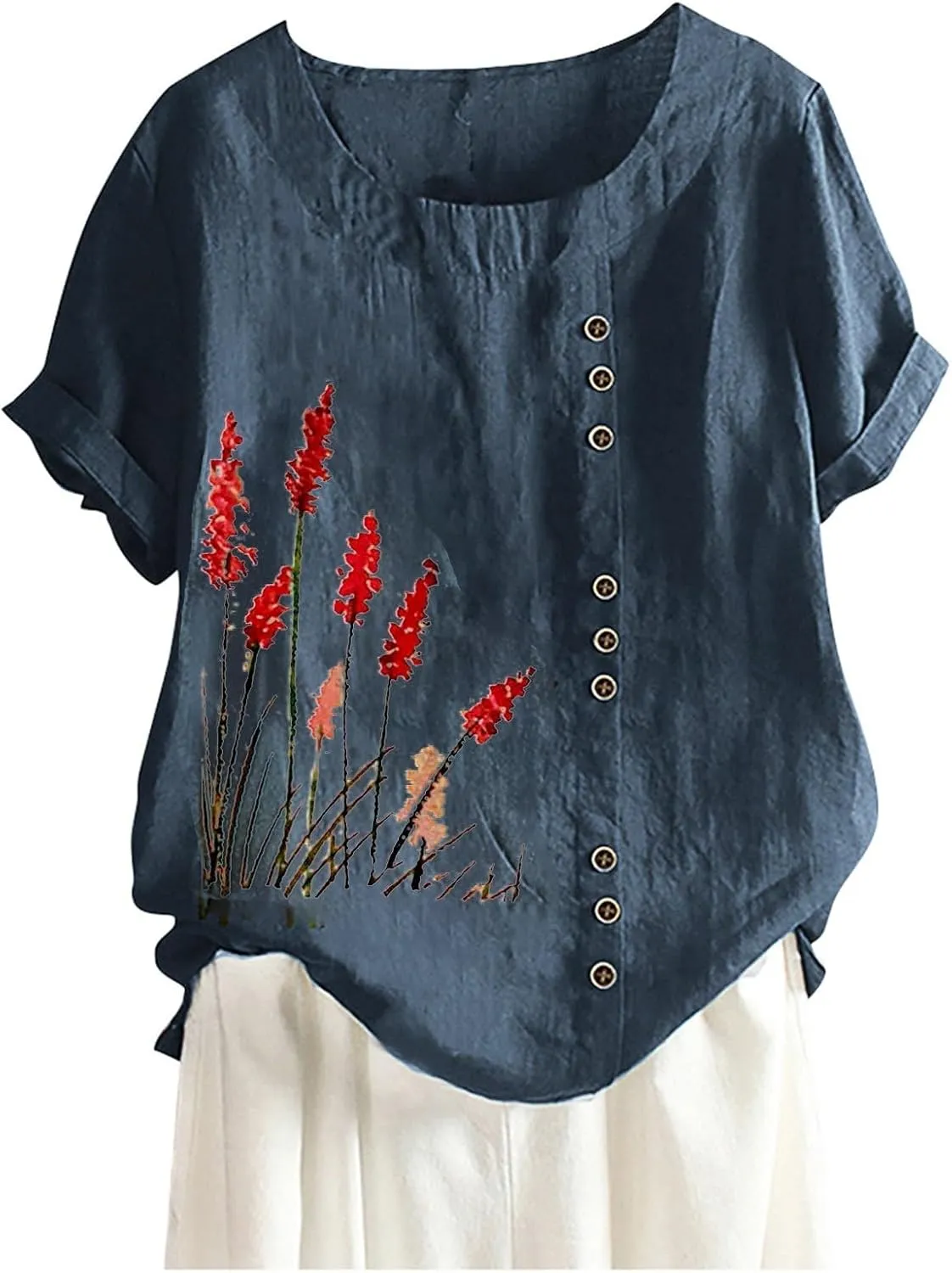 Linen Tops for Women Cute Floral Printed Shirts Crew Neck Short Sleeve Casual Loose Trendy Tee 2024 Summer Dressy Tee