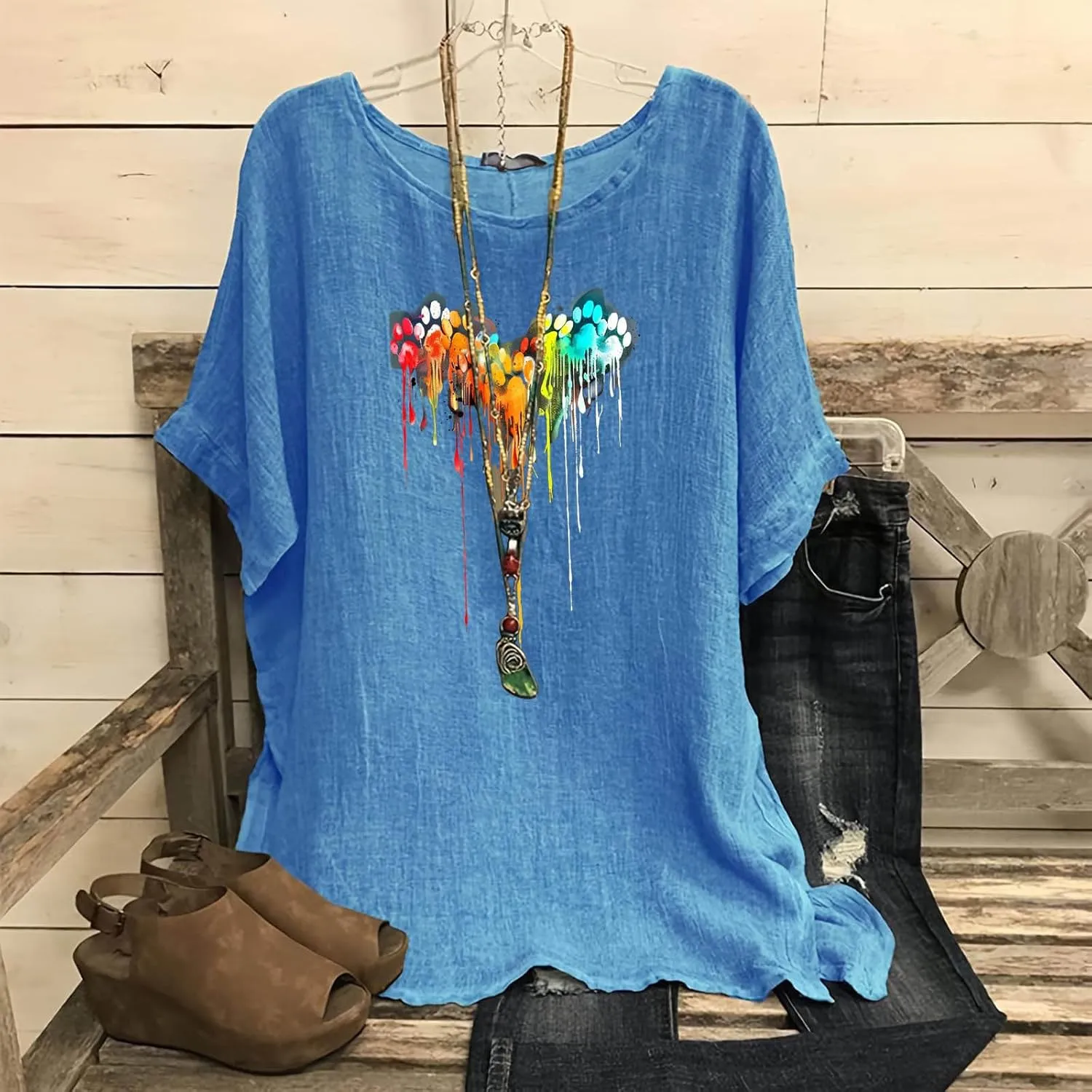 Linen Tops for Women Fashion Printed Tees Casual Crew Neck Raglan Short Sleeve Loose Tops Summer Outfits for Ladies