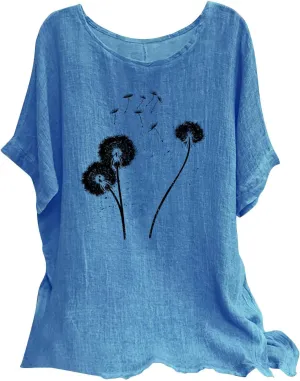 Linen Tops for Women Fashion Printed Tees Casual Crew Neck Raglan Short Sleeve Loose Tops Summer Outfits for Ladies