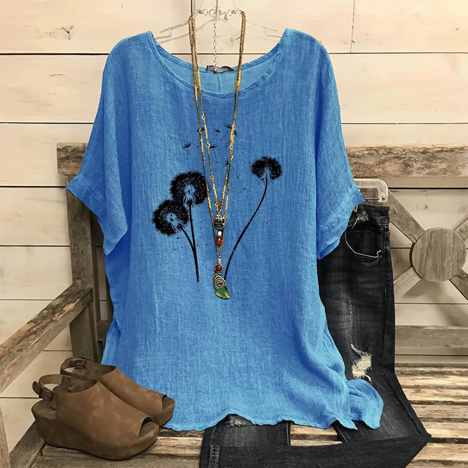 Linen Tops for Women Fashion Printed Tees Casual Crew Neck Raglan Short Sleeve Loose Tops Summer Outfits for Ladies