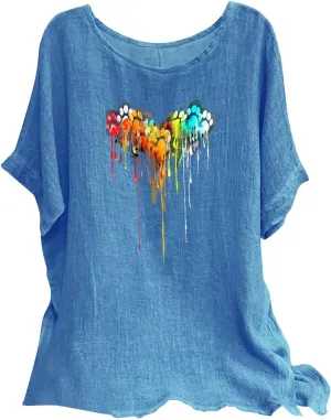 Linen Tops for Women Fashion Printed Tees Casual Crew Neck Raglan Short Sleeve Loose Tops Summer Outfits for Ladies