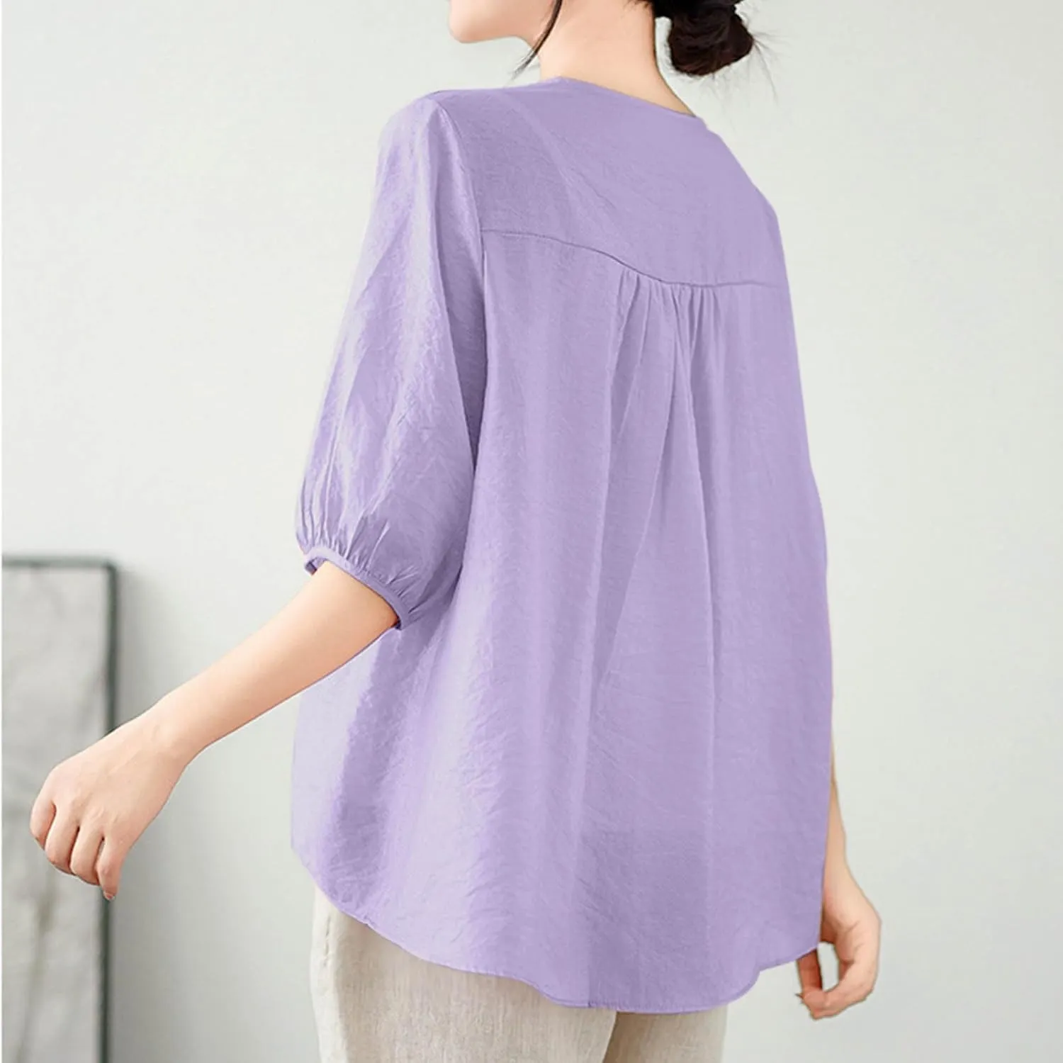 Lmdudan 2025 Summer Embroidered Tops for Women Cotton Linen Tees Half Sleeve V Neck Blouses Breathable Soft Comfy Shirts