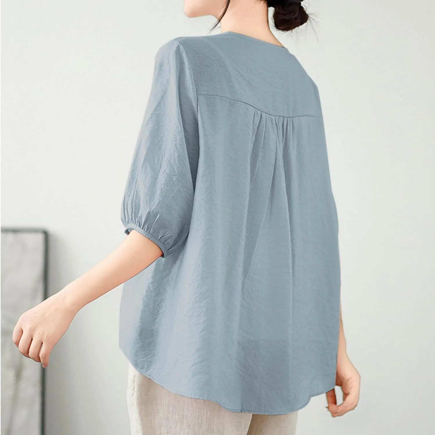 Lmdudan 2025 Summer Embroidered Tops for Women Cotton Linen Tees Half Sleeve V Neck Blouses Breathable Soft Comfy Shirts